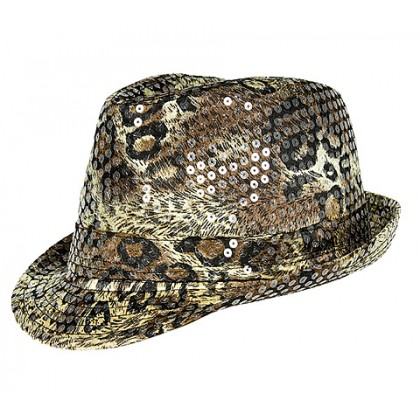 Fedora Hat – 12 PCS Sequined Python Print - Brown - HT- AHA51984BR